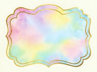 Pastel watercolor label with gold border in pink, blue, yellow, and mint tones on light background for invitations and cards.