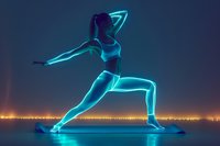 Athletic young woman in neon glowing sportswear performing yoga warrior pose against dark background with city lights, creating futuristic fitness atmosphere.