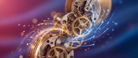 Mechanical clockwork gears and cogs with glowing light effects and sparkling particles on colorful gradient background for technology concepts.