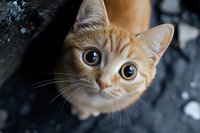 Curious ginger cat with big expressive eyes looking up at camera. Close-up portrait showing detailed whiskers and sweet innocent expression against dark background.