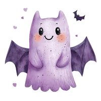 Cute purple bat ghost character with wings and smiling face on white background, Halloween decoration for greeting cards and children designs.