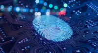 Digital fingerprint on circuit board with glowing blue lights representing cybersecurity biometric authentication and identity verification technology.