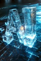 Glowing letters AI made of ice blocks on dark surface with blue illumination and light reflections, symbolizing artificial intelligence and future technology.