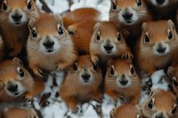 Curious red squirrels looking at camera in winter snow, multiple close-up faces showing adorable expressions and furry details creating playful wildlife composition.