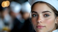 Young woman with fair skin, blue eyes, and brown hair wearing a white beanie hat, looking at camera with neutral expression in blurred urban setting, suitable for lifestyle and portrait use.