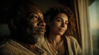 Elderly African American man with gray beard and young woman sharing warm moment together in golden sunlight through window at home.