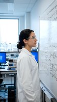 Female scientist in white lab coat and safety glasses studying mathematical equations on whiteboard in modern research laboratory for scientific analysis.