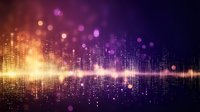 Abstract digital sound wave equalizer with glowing purple and orange lights reflecting on dark background, creating futuristic city skyline effect.