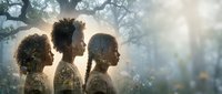 Three African American military personnel in camouflage uniforms standing in profile formation outdoors with dramatic sunlight and trees in background.