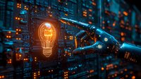 Robotic arm pointing at glowing lightbulb hologram against digital circuit background in blue and orange tones, representing artificial intelligence and innovation.