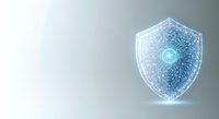Transparent digital shield with glowing blue core and circuit pattern, isolated on white background for cybersecurity, data protection, and technology design projects.