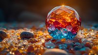 Crystal sphere with red and blue gradient colors on pebble beach at sunset, magical glowing orb with light reflections among stones in golden sunlight.