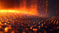 Glowing orange and blue particles form dynamic wave pattern with depth of field effect and bokeh lights creating futuristic abstract background.