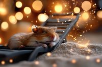 Adorable hamster resting on dark surface with magical bokeh lights and sparkles in background, creating cozy atmospheric mood for greeting cards and social media posts.