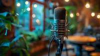 Professional condenser microphone on stand with soft bokeh lights and blurred cafe interior background, music recording studio equipment setup.