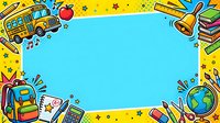 Colorful school supplies border frame with bus, bell, globe, backpack, and books on yellow background with stars. Central blue space for text, clipart design.