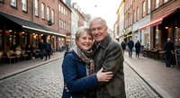 Happy senior couple embracing on cobblestone street in historic European city center with shops and cafes during golden hour for lifestyle and travel concepts.