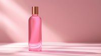 Pink glass cosmetic bottle with gold cap casting long shadow on pink background, minimal luxury beauty product photography for skincare and fragrance marketing.