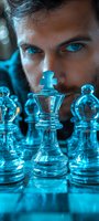 Intense close-up of a person focused on glass chess pieces with dramatic blue lighting, conveying strategy and intelligence in gameplay.