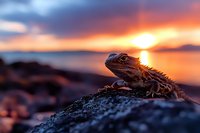Bearded dragon lizard resting on rocky coastline during golden hour sunset with dramatic sky and ocean backdrop for wildlife photography projects.