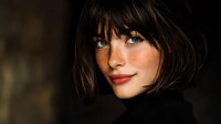 Young woman with short dark bob haircut and bangs wearing black turtleneck against dark background, showcasing natural makeup with red lips.