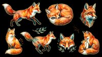 Watercolor fox clipart set with seven poses isolated on transparent background, ready for stickers, t-shirt design, print on demand, and sublimation projects.