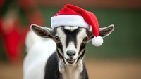 Adorable baby goat wearing red Santa hat for Christmas holiday celebration, farm animal portrait with festive seasonal decoration for greeting cards.