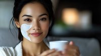 Young Asian woman applying facial mask patch while enjoying morning coffee at home, self care and beauty routine concept for skincare products and wellness lifestyle.