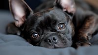 Close up portrait of black Chihuahua dog lying on gray blanket, looking at camera with big brown eyes and alert ears, showing sweet expression.