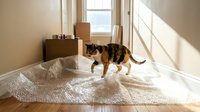 Calico cat walking on bubble wrap in a sunny empty room with cardboard boxes, moving day concept, pet and relocation theme.