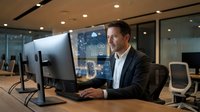 Professional businessman working on computer with digital cloud technology interface in modern office environment.