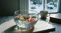 Glass fishbowl with floating flowers and greenery on wooden table by window creates peaceful indoor garden atmosphere for home decor and relaxation.