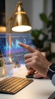 Businessman analyzing financial data on futuristic holographic display with charts and graphs in modern office workspace for business intelligence.