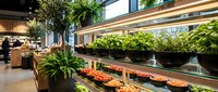 Modern grocery store produce section with fresh vegetables and herbs displayed on wooden shelves under warm lighting creating inviting shopping atmosphere.