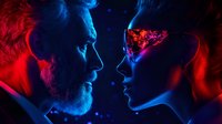 Dramatic side profile portrait of couple in neon lighting with red and blue color scheme creating mysterious atmosphere and futuristic cyberpunk mood.