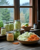 Fresh cabbage and carrots being prepared for fermentation with mason jars on rustic wooden windowsill, natural light illuminates homemade preservation process.