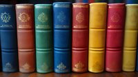 Row of vintage hardcover books with ornate gold embossed spines in various colors including blue, brown, green, red, and yellow, arranged neatly on shelf.