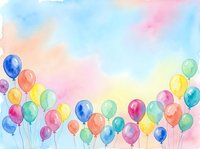 Watercolor balloons in rainbow colors floating against soft pastel sky background for party celebrations and festive occasions.