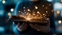 Magical glowing open book with sparkling golden light and bokeh effects emerging from pages held in hands against dark background. For fantasy and education concepts.