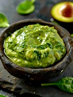 Fresh homemade guacamole with mashed avocado, herbs and spices served in rustic wooden bowl on dark background, selective focus on creamy dip.