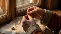 Hands stitching linen fabric in an embroidery hoop by a sunlit window, warm golden light highlighting the texture of thread and cloth.