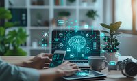Digital brain interface with holographic AI technology display showing machine learning and artificial intelligence concepts at modern workspace with devices.