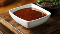 Spicy red chili sauce with visible pepper seeds served in white square ceramic bowl on rustic wooden board, close up view of traditional Asian condiment.