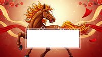 Majestic brown horse with flowing mane holding blank white banner on red background with golden ribbons and cherry blossoms for promotional design.