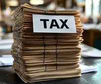 Large stack of tax documents and paperwork with white label on office desk for accounting and financial planning during tax season preparation.