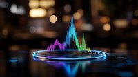 Futuristic holographic data visualization with colorful charts and graphs floating above glowing circular platform in modern tech environment for presentations.