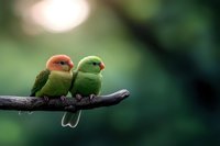 Two rosy-faced lovebirds perched together on branch against soft green bokeh background, displaying affection and companionship in natural setting.
