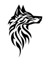 Stylized black wolf head silhouette with flowing tribal pattern design isolated on white background, suitable for logo, tattoo art and merchandise design.