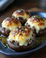 Stuffed portobello mushrooms with melted cheese and herbs in cast iron skillet, gourmet appetizer ready to serve for dinner party or restaurant menu.