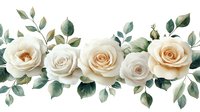 Elegant cream and white roses with eucalyptus leaves arranged in horizontal border composition on white background, seamless pattern for wedding design and decor.